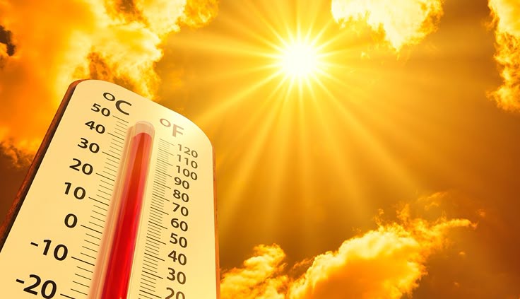 hot temperature,Thermometer on yellow sky with sun shining in summer show higher Weather, concept global warming